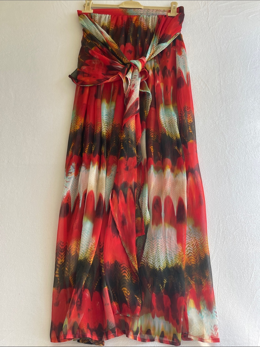 Arden B Red Multicolor Tie Waist Maxi Skirt Size L Boho Festival Resort